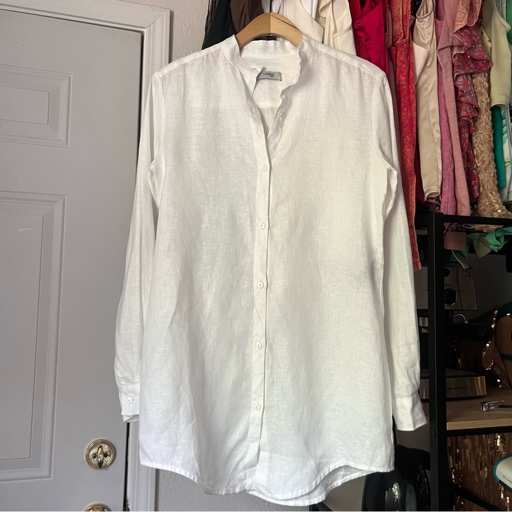 VISIBLE ART white linen mandarin collar button up long sleeve shirt‎